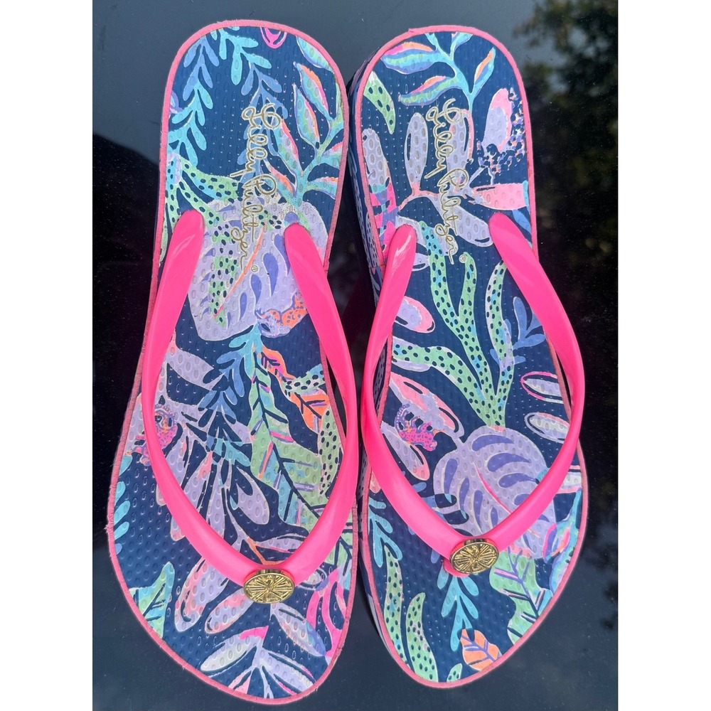 Lilly Pulitzer Wedge Flip Flops Navy Pink Tropical Floral Platform Sandals Gold
